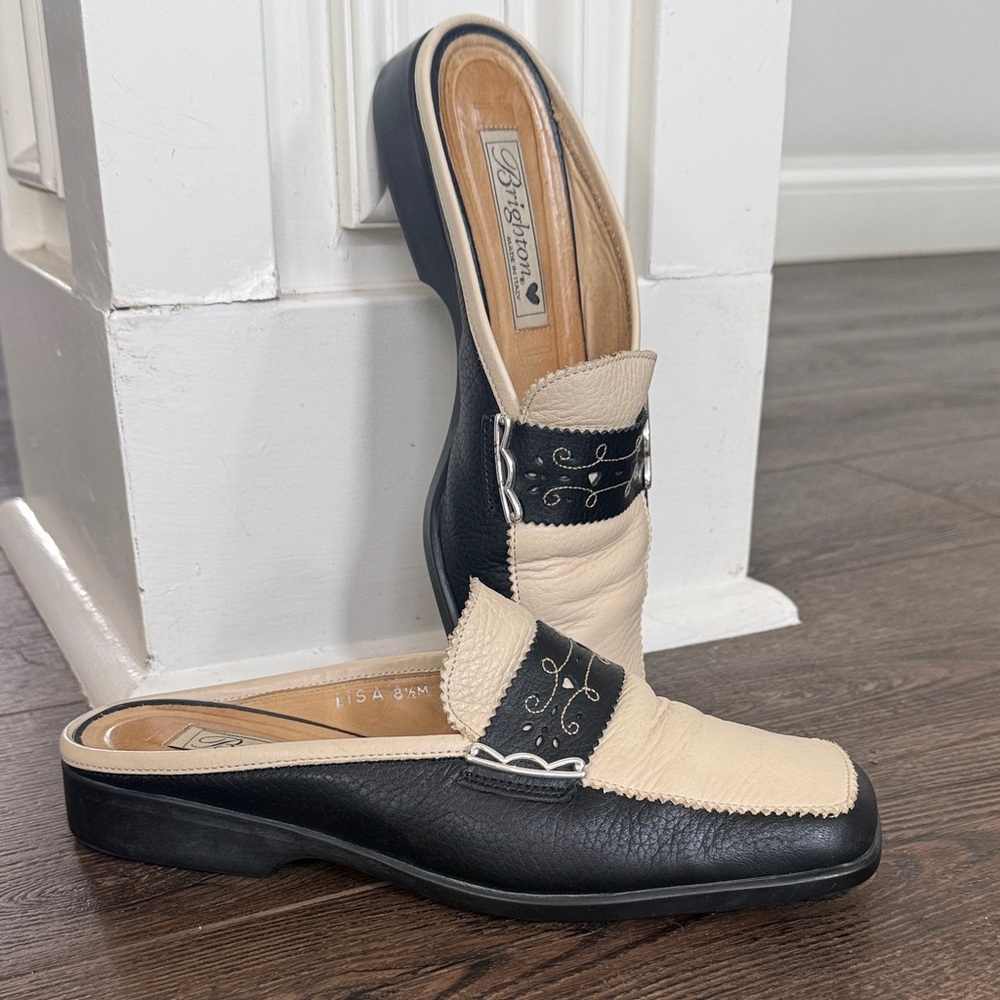 Brighton Black and Cream Leather Slip-On Mules with Decorative Band 8.5 - Picture 1 of 12
